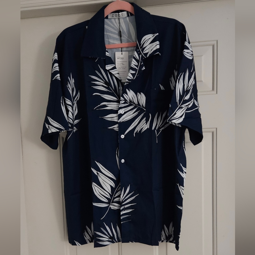Navy and White Leaf Print Shirt